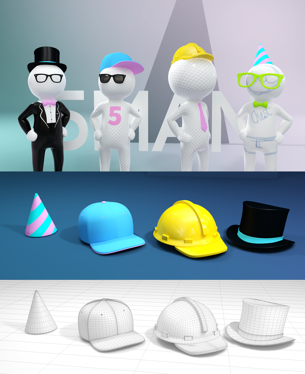 5man white c4d cinema 4d character rig dummy rigged man guy milk man hats suit