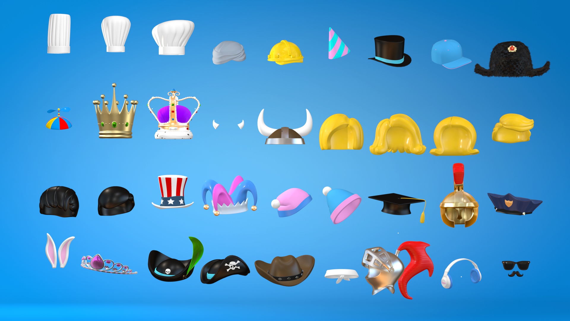 Cinema 4D rigged hats, crowns. horns, glasses, mustaches, caps helmet hard hat propeller bunny ears