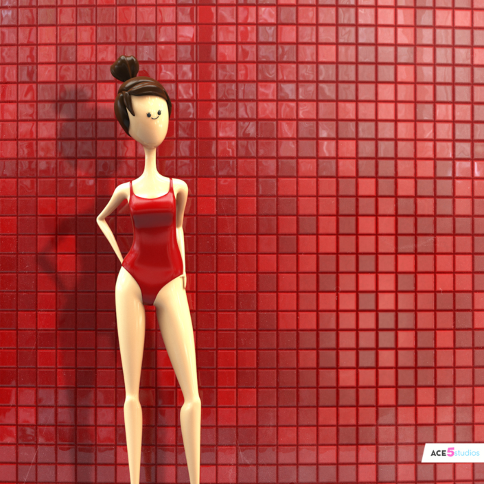 3d woman in red bikin in swimming pool. A rigged cinema4D character