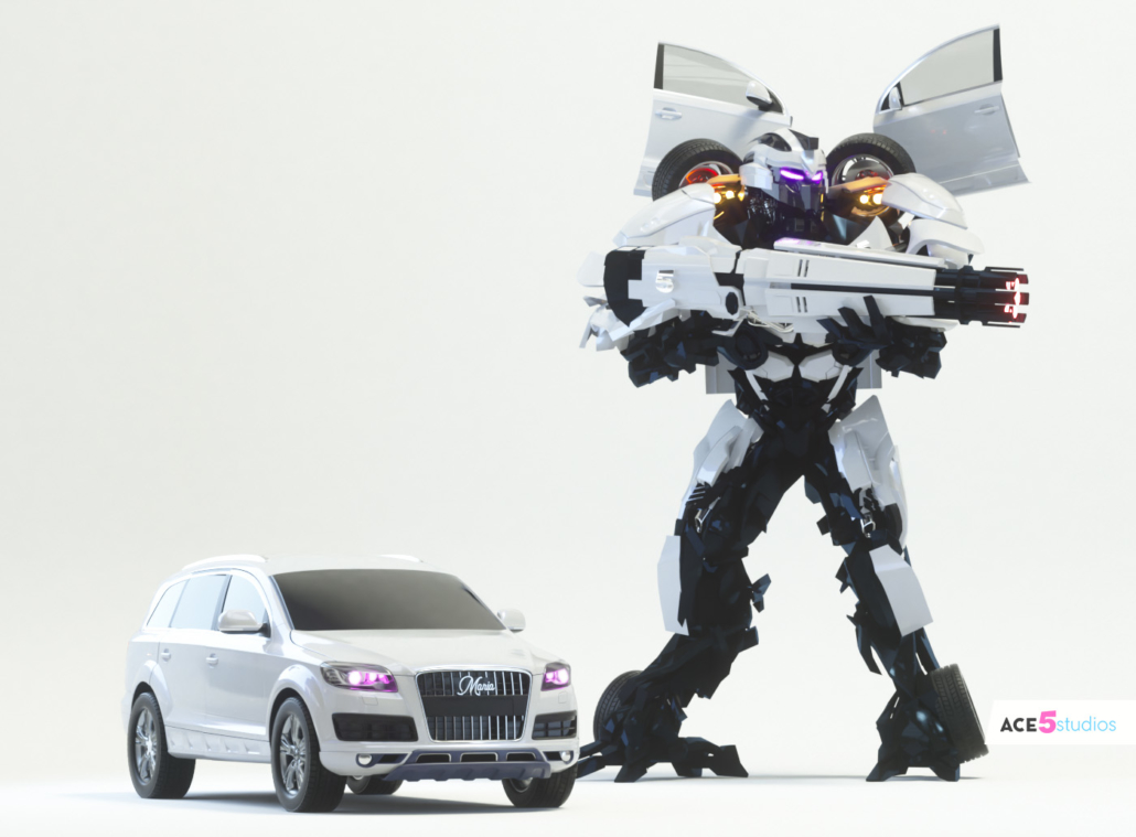 Transformer Cinema 4D rigged, animated. Controllers, Audi white render