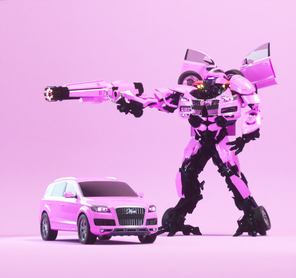 Transformer Cinema 4D rigged, animated. Controllers, Audi pink render