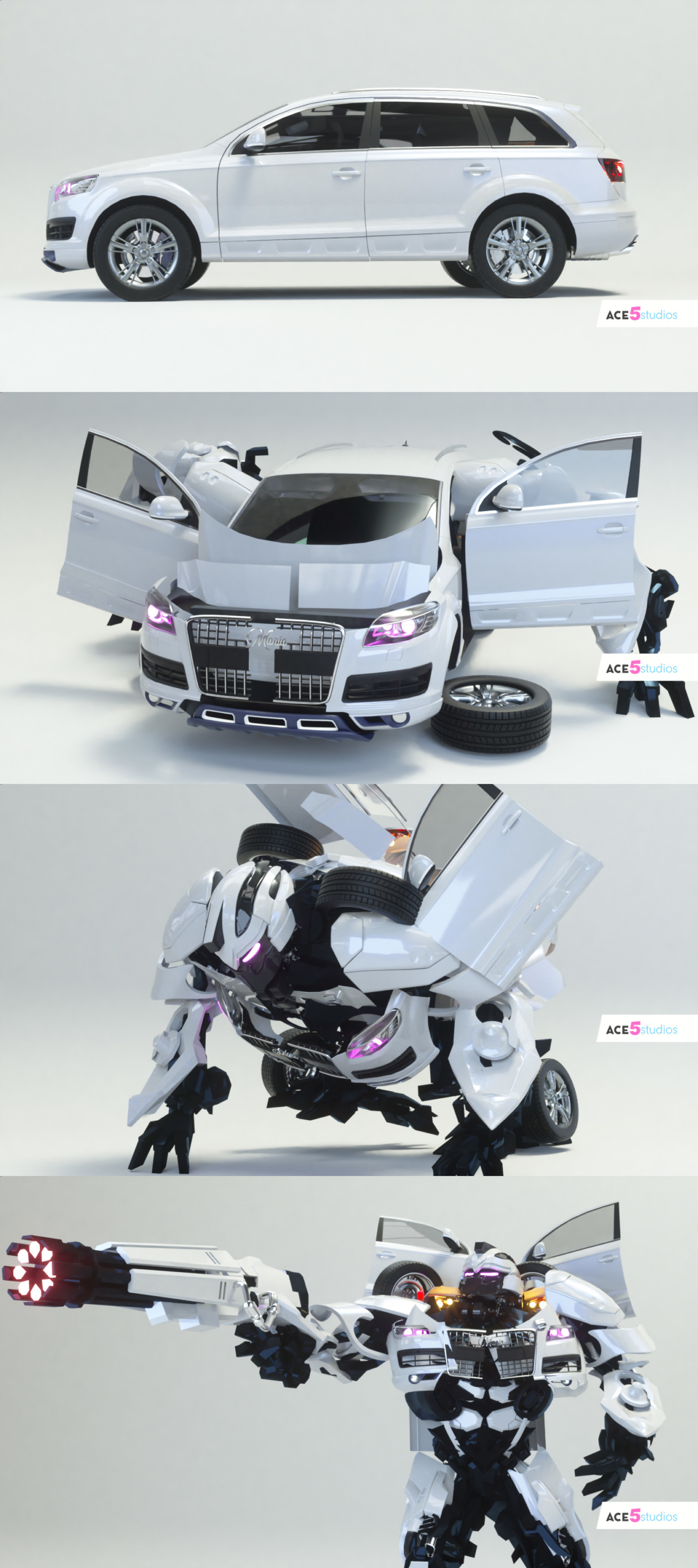 Transformer Cinema 4D rigged, animated. Controllers, Audi render from multiple angles