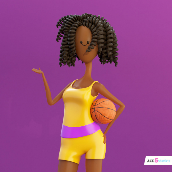 c4d rig character black girl with curly hair and basketball