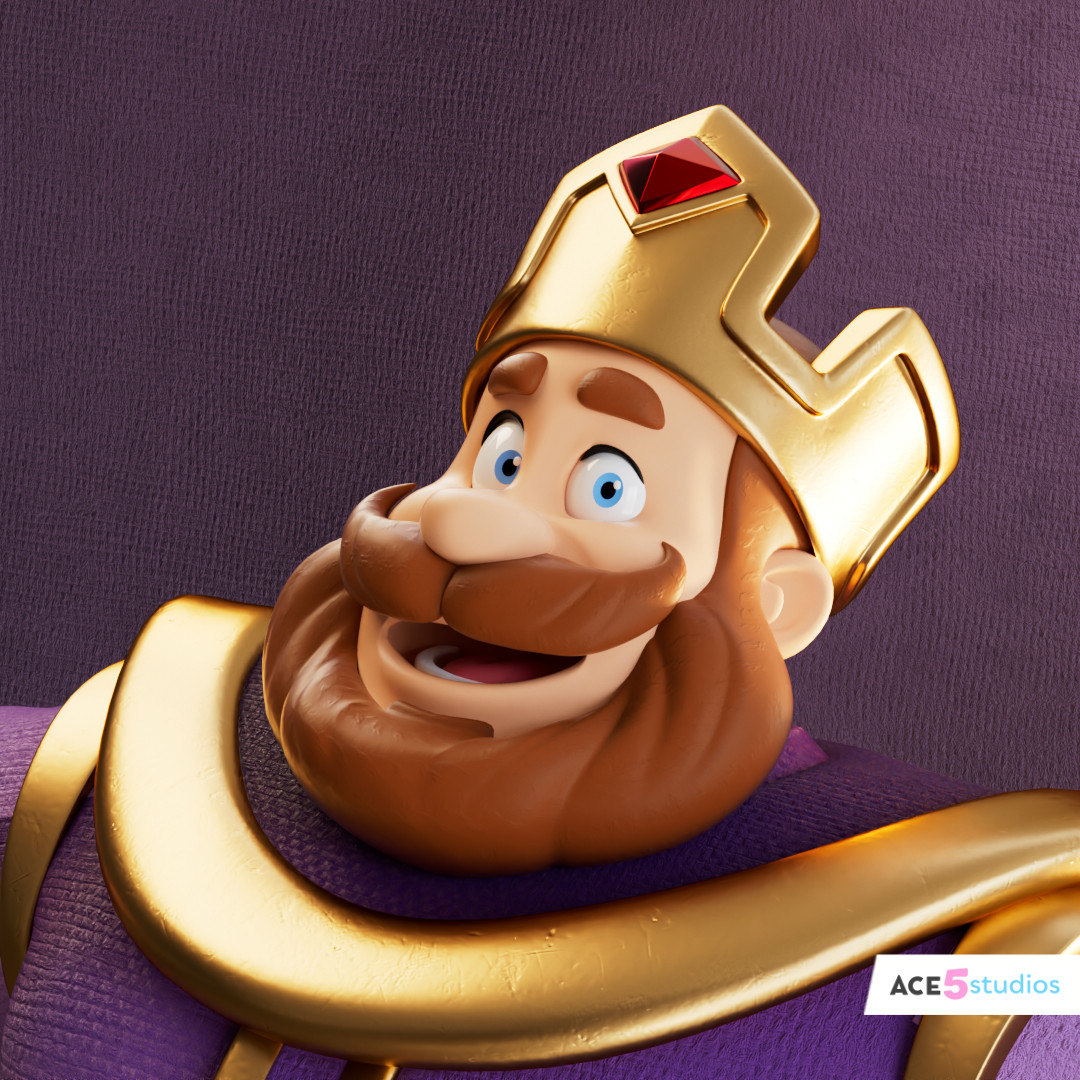Render of a happy smiling male king model in Cinema 4D using Octane render. Demonstrating face rig. This character is fully rigged. Im a freelancer who rigs characters in cinema 4d. c4d king character. with a crown on his head