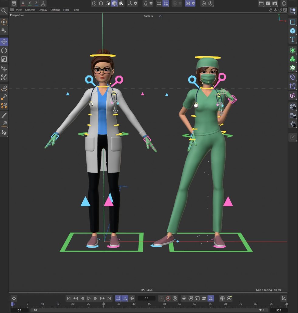 Doctor rig in cinema 4D. C4d character rig female, man, surgeon, nurse, healing, doc. Cartoon stylized.  woman lady.